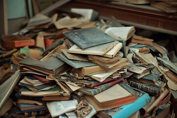 Pile of old books in poor condition, in an old bookstore.