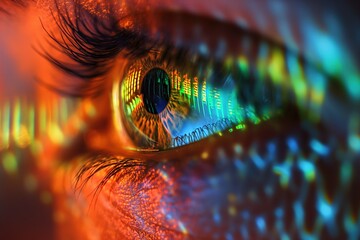 A close up view capturing the colorful lights in the background as reflected on a persons eye.