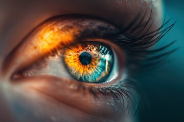 A detailed photo capturing the vivid blue and yellow hues of a persons eye up close.