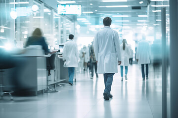Blurred out of focus group of doctors wearing white coats walk through a modern, brightly-lit laboratory, engaged in various tasks indicative of  research environment. Abstract hospital background