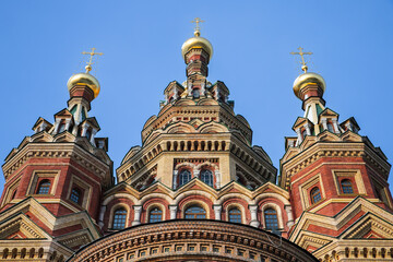 Fototapeta na wymiar Facade of the Cathedral of Saints Peter and Paul, Petergof, Russia
