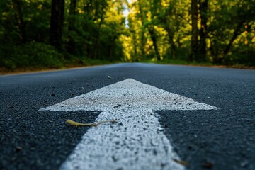 An arrow painted on a road surrounded by trees in the background, indicating directional guidance.