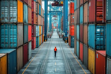 Fototapeta premium A person walks down a walkway made of shipping containers, creating a unique industrial backdrop.
