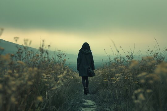 A Person Is Seen Walking Down A Path In A Field, Surrounded By Nature.