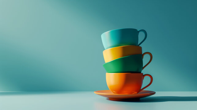 a stack of four colorful cups with saucers in pastel shades of yellow, orange, green, and turquoise, arranged in a vertical line against a light blue background.