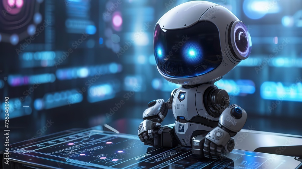 Poster a high-tech robot with a glossy white finish examines a holographic interface in a futuristic settin