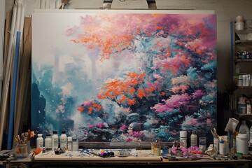 A painting is being displayed in a studio, showing the progress of a work in progress.