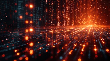 A mesmerizing visualization of a data stream with sparkling red bokeh lights depicting high-speed digital transfer.