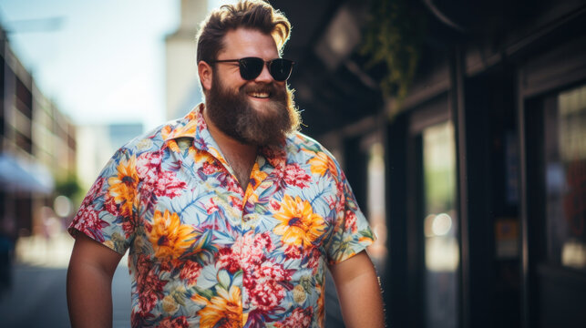Fat man wearing Hawaii shirt outdoors