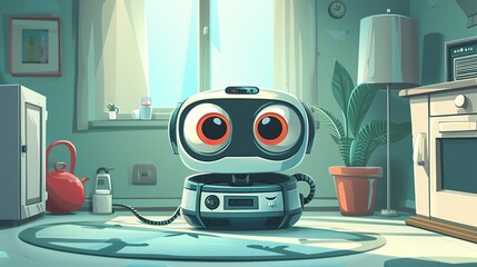 A whimsical illustration of an animated robot vacuum cleaner with big eyes dealing with a kitchen spill.