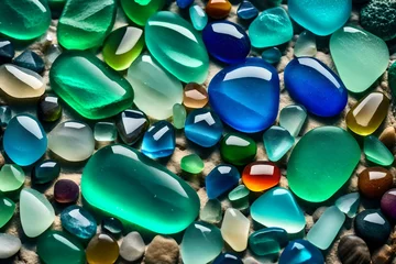 Zelfklevend Fotobehang blue and green stones, Colorful gemstones on a beach. Polish textured sea glass and stones on the seashore. Green, blue shiny glass with multi-colored sea pebbles close-up © SANA