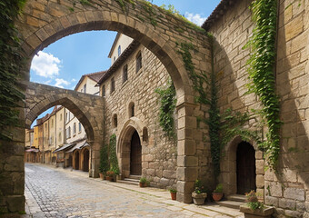 Naklejka premium Ancient medieval city with stone buildings, archways, and ivy on the walls