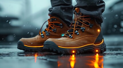 Close-up of durable, waterproof hiking boots confidently treading on wet urban ground, reflecting city lights on a rainy day.