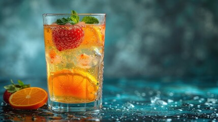 Freshly Squeezed Orange Juice, A Glass of Fruit-Infused Sparkling Water, Citrusy Summer Drink with a Twist, Sweet and Tart Strawberry Lemonade.