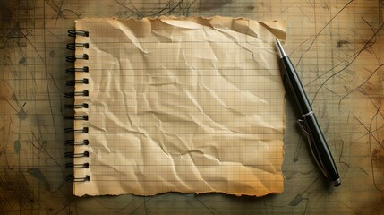 Vintage crumpled paper on a wooden desk with pen. perfect for background use. nostalgic and retro feel. creative writing concept. AI - obrazy, fototapety, plakaty