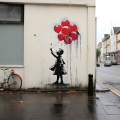 Girl with balloons on a wall 