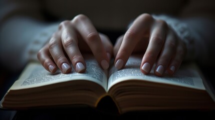 pair of hands resting on an open book