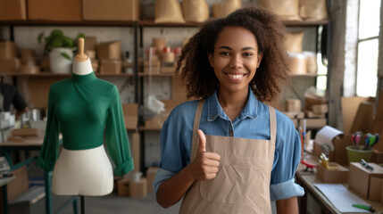 smiling young woman with an apron is giving a thumbs up in a craft or artisan workshop setting.