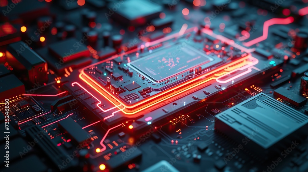 Poster highly detailed image of a glowing red circuit board featuring a modern cpu, highlighting technology