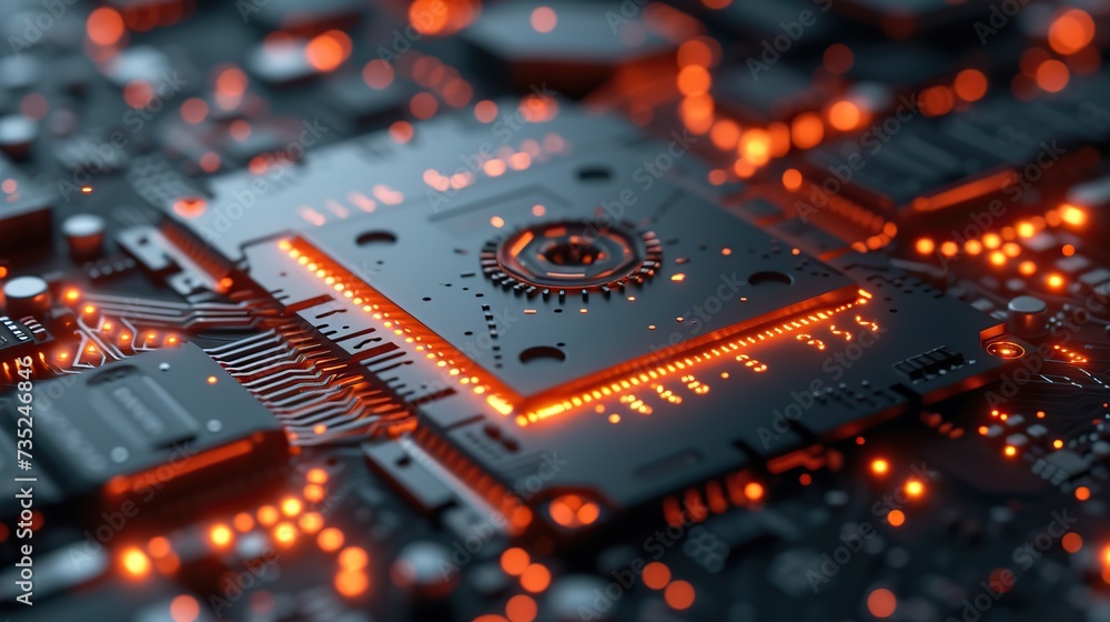 Poster close-up view of a sophisticated circuit board with neon red lighting, emphasizing modern electronic