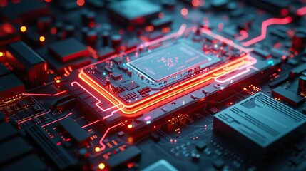 Fototapeta na wymiar Highly detailed image of a glowing red circuit board featuring a modern CPU, highlighting technology and computing power.
