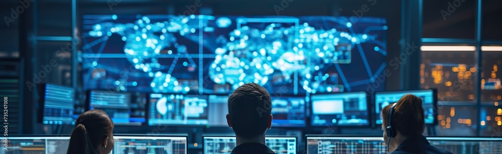 Poster professionals monitor global network activity in a futuristic control room with multiple screens.