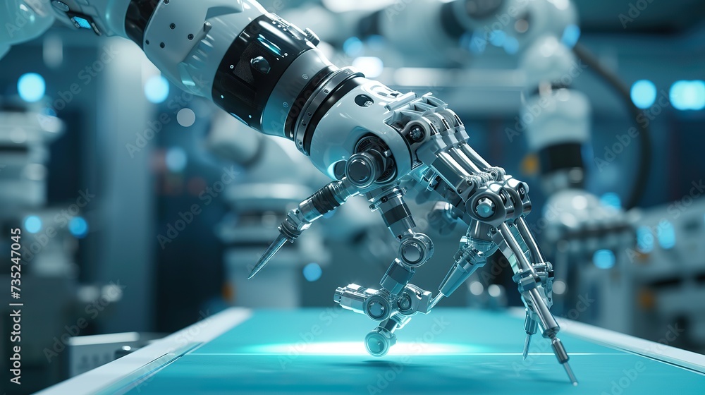Aufkleber a robotic hand equipped with various tools performs a technical task with high precision in a futuri