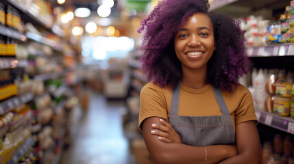 A cheerful supermarket employee in an apron stands smiling in the store, embodying friendly customer service amidst the grocery aisles.