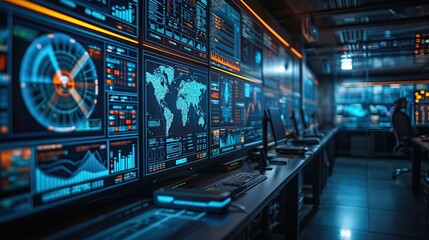 State of the art network security operations center equipped with data analytics and global monitoring capabilities.