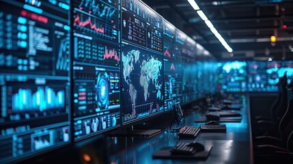 Naklejka premium A sophisticated cybersecurity operations center with detailed world map on large screens displaying real-time data.