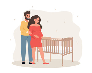 Family expecting for baby. Couple in love stand near baby crib. Future father and mother. Happy husband hugs pregnant wife. Parenthood concept. Vector illustration in cartoon style.