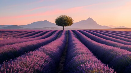 Serene lavender field at sunrise with solitary tree and mountain backdrop. perfect for relaxation and backgrounds. AI
