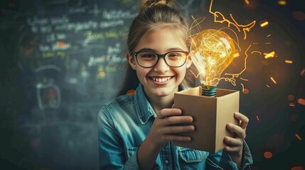 young woman holding a box with brilliant ideas spreading knowledge - obrazy, fototapety, plakaty
