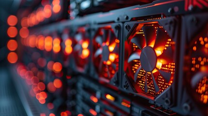 Focused image of active red cooling fans on servers, highlighting the importance of temperature control in data centers. - obrazy, fototapety, plakaty