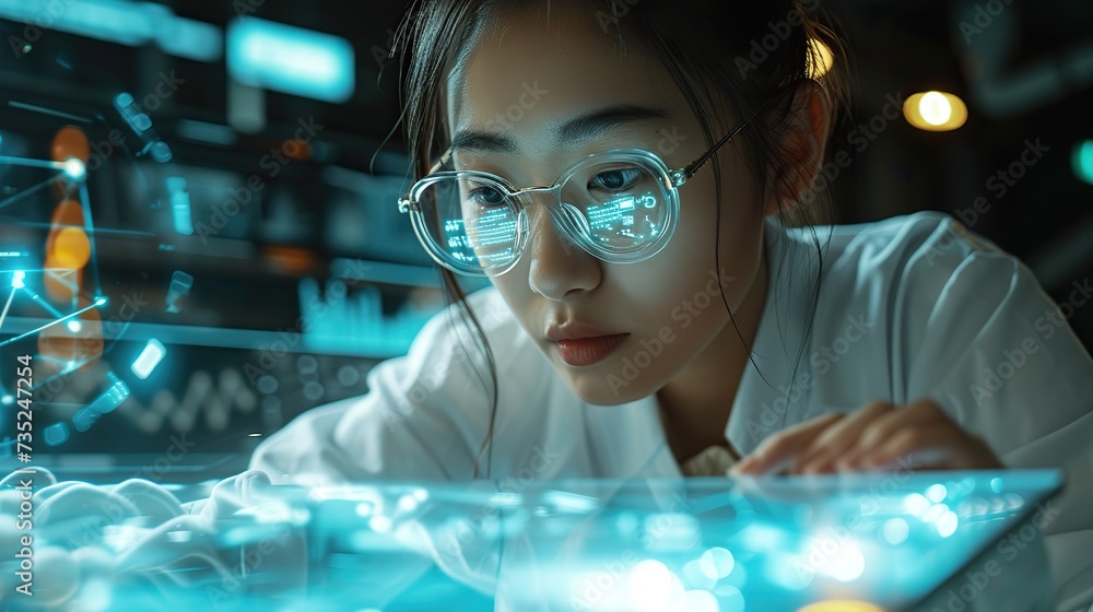 Poster a focused female scientist analyzes data on a transparent holographic display in a dimly lit high-te