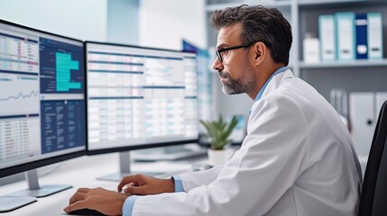 A focused healthcare data analyst in a lab coat examines complex medical statistics on multiple computer screens in a modern office.