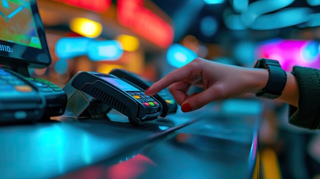 Close-up of a customer's hand using a smartwatch for contactless payment at a point-of-sale terminal, showcasing modern financial technology.