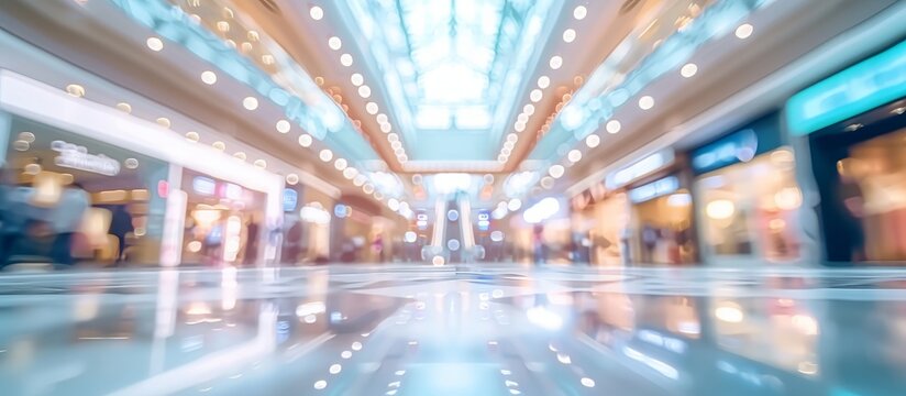Abstract Blurred Image of Crowded Shopping Mall with Modern Architecture and Colorful Lights for Background or Wallpaper