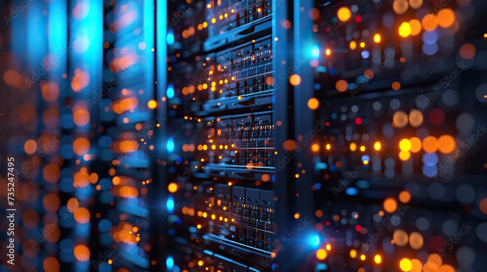 Poster close-up view of a server room with rows of high-tech equipment illuminated by blue led lights, sign