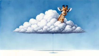 Türaufkleber A playful illustration of a giraffe's head peeking out from a cloud, with a blue sky background, creating a floating illusion in a whimsical scene.Artistic representation of animals. Generated by AI. © Czintos Ödön