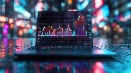 A laptop displays a vibrant stock market analysis graph on its screen, set against a backdrop of a cityscape bathed in neon lights.