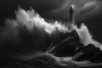 The Lighthouse Amidst the Stormy Seas, A Beacon of Light in Dark Waters, Towering Over Turbulent Tides, Defying the Elements: The Lighthouse's Enduring Presence. - obrazy, fototapety, plakaty