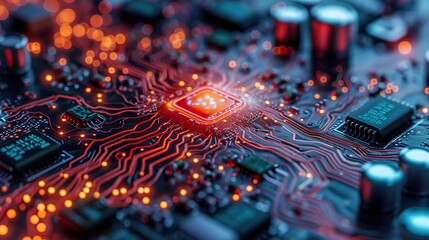 Fototapeta premium Macro shot of an advanced circuit board with red glowing paths, showcasing modern electronics and computing power.