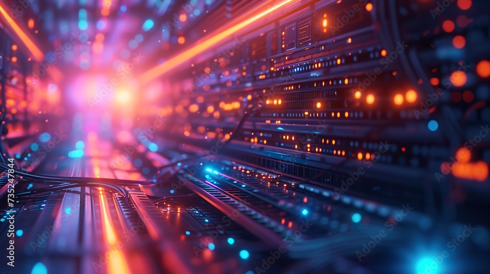 Poster vibrant, dynamic view of a data center with glowing blue and red lights from active server racks, sy