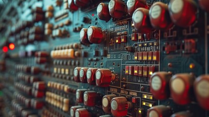 A detailed view of a vintage control panel, featuring an array of dials and switches, evoking a sense of retro technology.