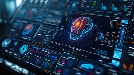 Obraz premium Sophisticated interface with 3D brain visualization, vital stats, and various data points for comprehensive neurological monitoring.