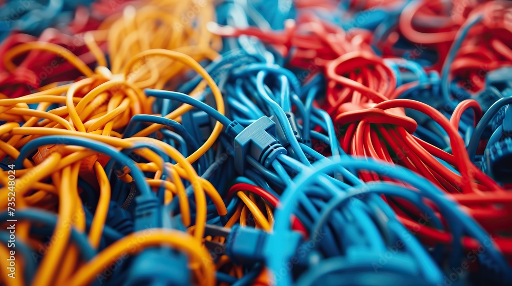 Poster a close-up of intertwined colorful electric cables creating an abstract pattern.