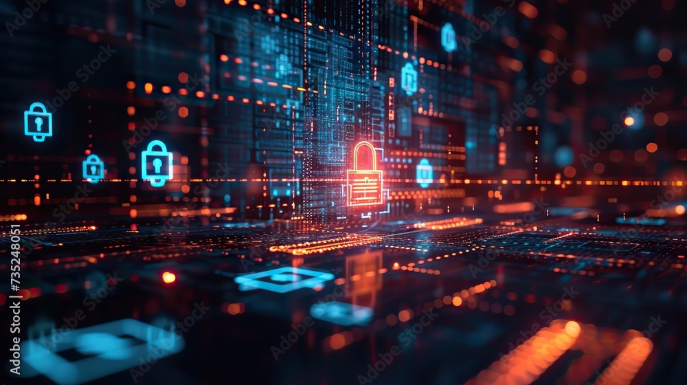 Poster abstract cybersecurity visualization with glowing lock icons on a digital circuit board background.