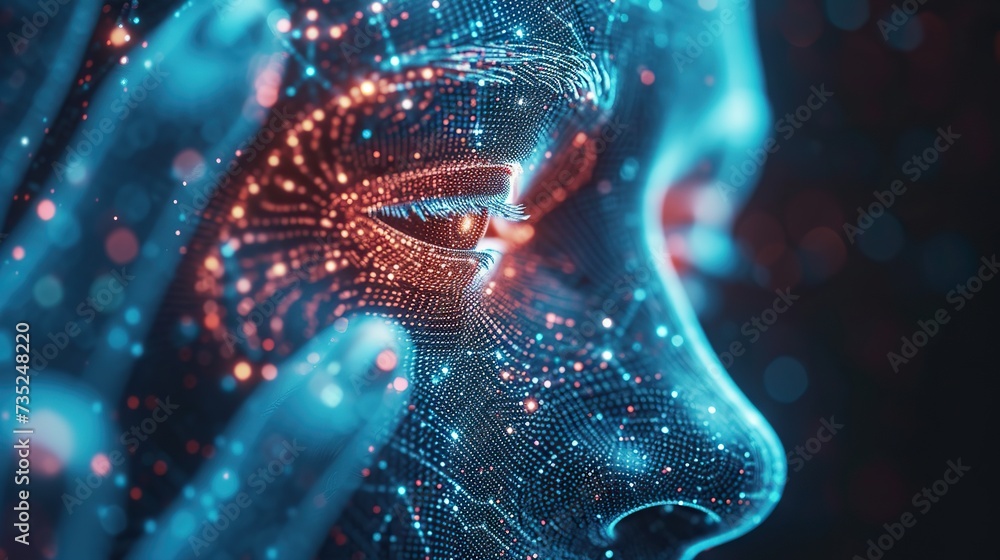 Aufkleber digital artwork of a human face with a mesh of network lines and dots, depicting concepts of artific