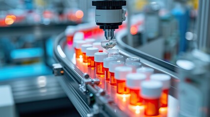 Precision robotics technology fills medicine bottles in an industrial pharmaceutical production line. - obrazy, fototapety, plakaty